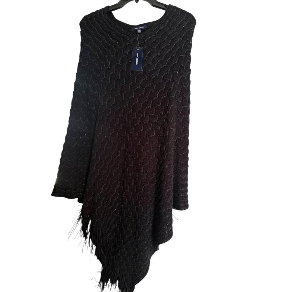 Max Edition Womens Black Sweater Knit Sequins Pocncho Sz S/M New